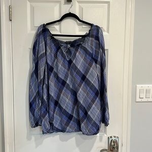 Lane Bryant 14/16 Aqua Plaid Pleasant Style Top with Keyhole in front